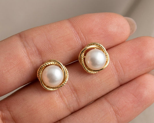 Gold Pearl Twist Stud Earrings