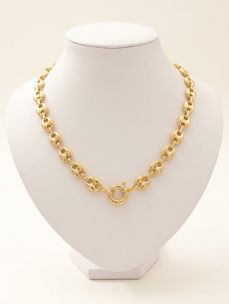 Gold Puffed Anchor Chain Necklace