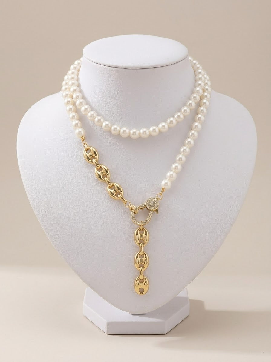 Pearl Strand with Pavé Carabiner Drop Necklace
