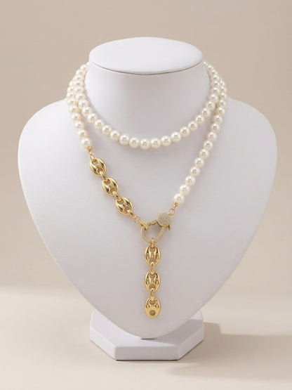 Pearl Strand with Pavé Carabiner Drop Necklace