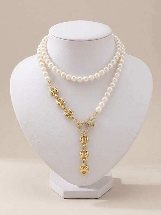 Pearl Strand with Pavé Carabiner Drop Necklace