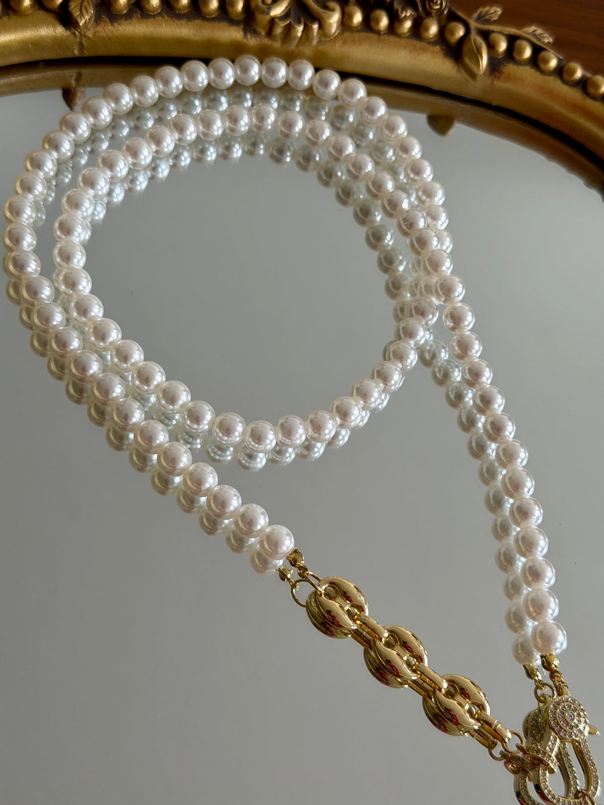 Pearl Strand with Pavé Carabiner Drop Necklace