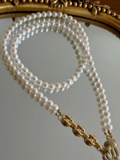 Pearl Strand with Pavé Carabiner Drop Necklace
