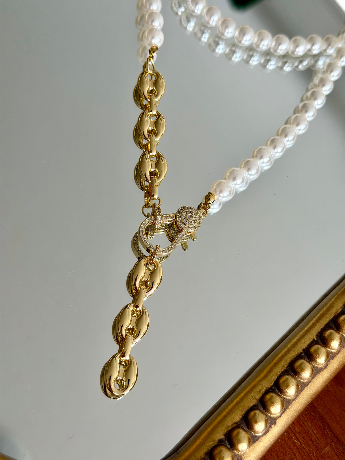 Pearl Strand with Pavé Carabiner Drop Necklace