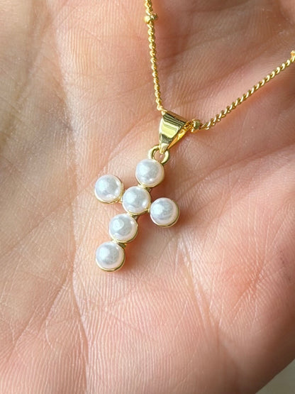 Mini Pearl Cross Necklace