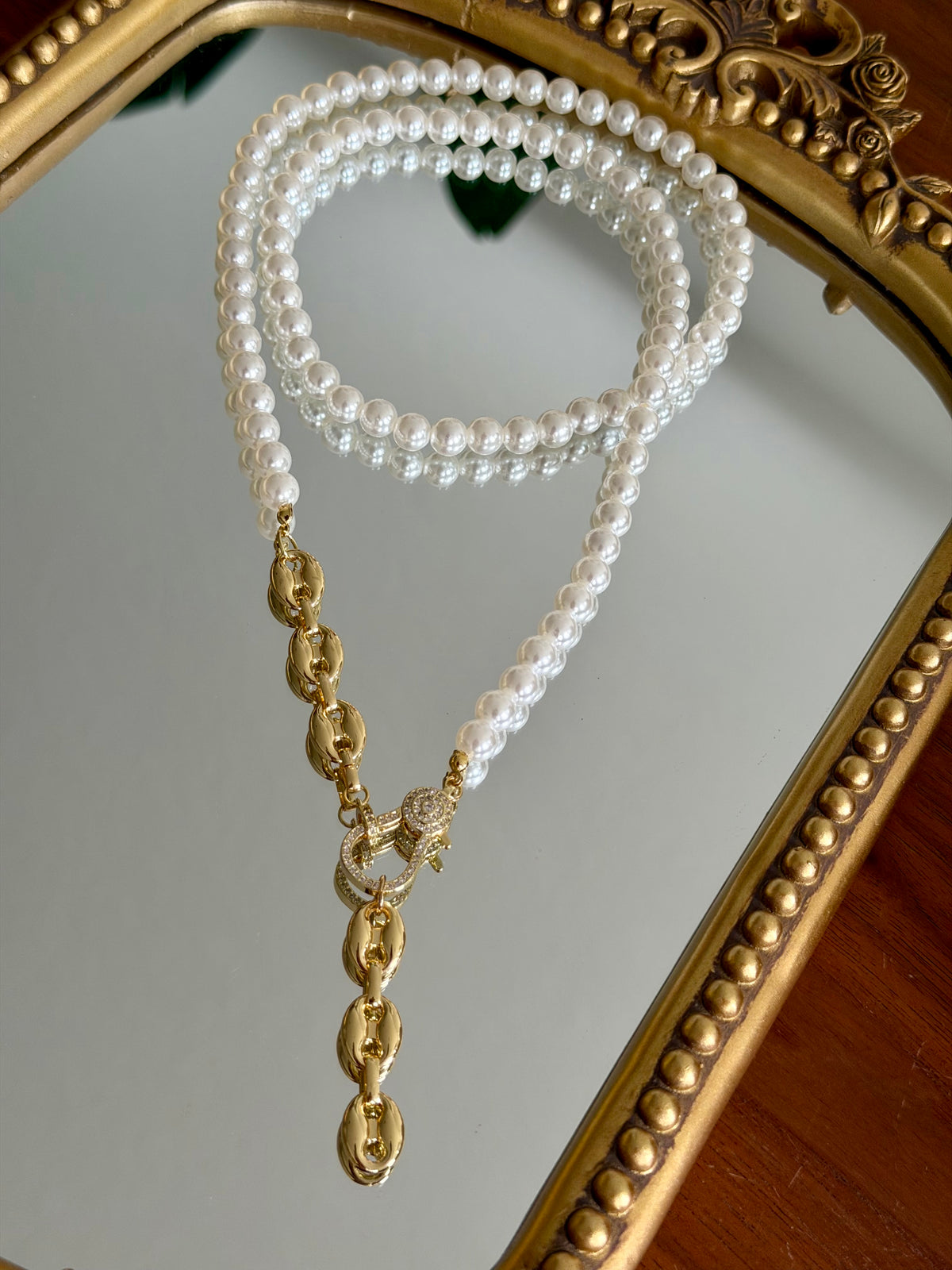Pearl Strand with Pavé Carabiner Drop Necklace