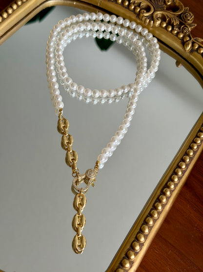 Pearl Strand with Pavé Carabiner Drop Necklace
