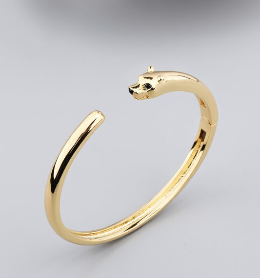 Open Bangle Bracelet with Panther Head and Black Zirconia Accent in Gold Finish