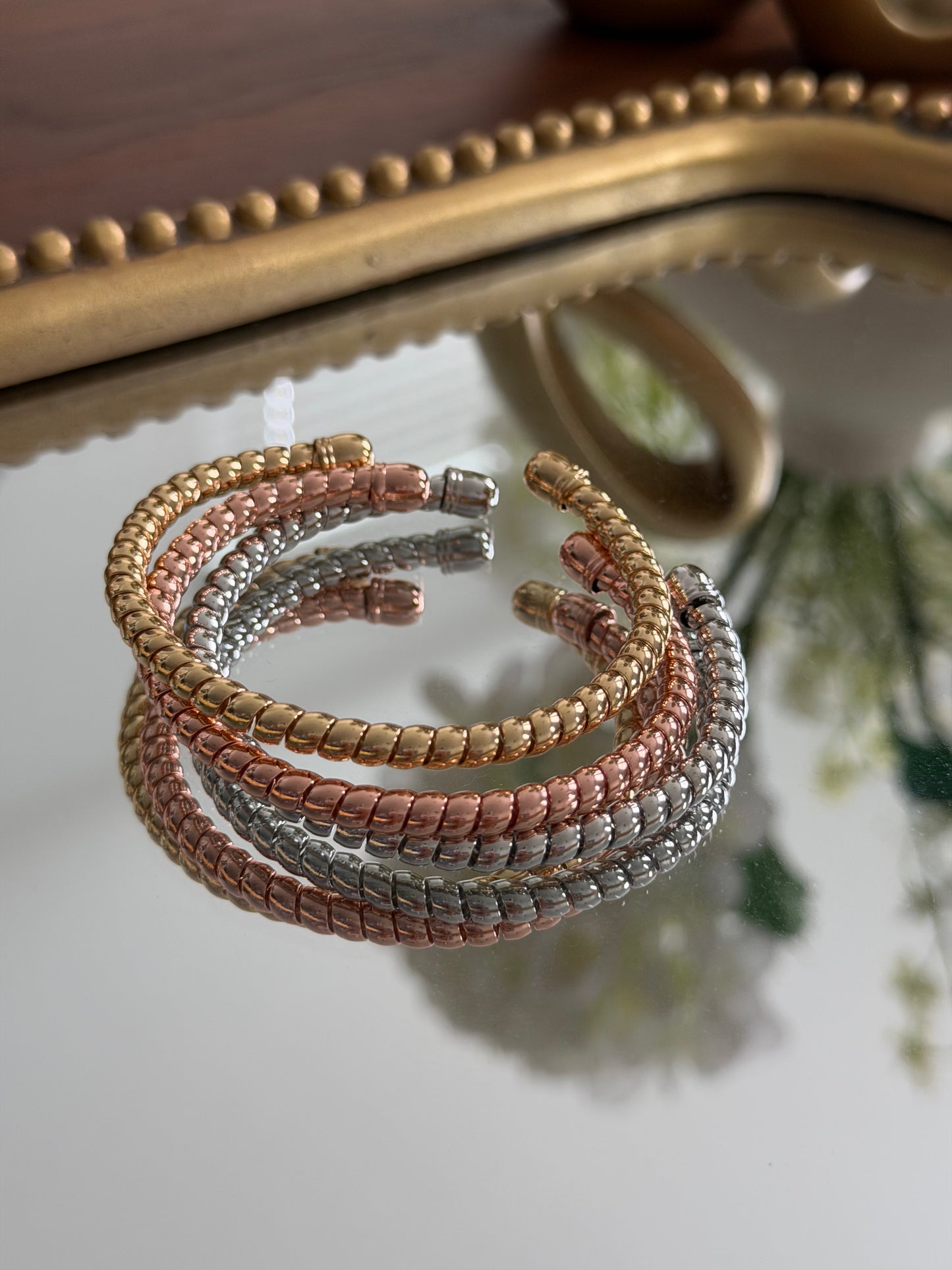Tri-Tone Beaded Cuff Bracelet Set