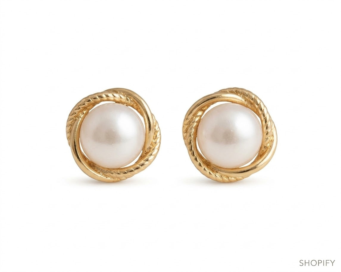Gold Pearl Twist Stud Earrings