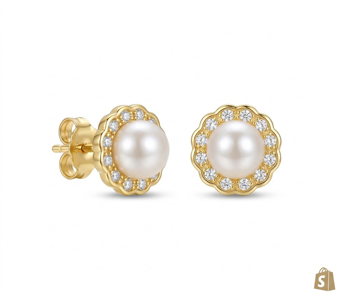 Gold Zirconia and Pearl  Stud Earrings